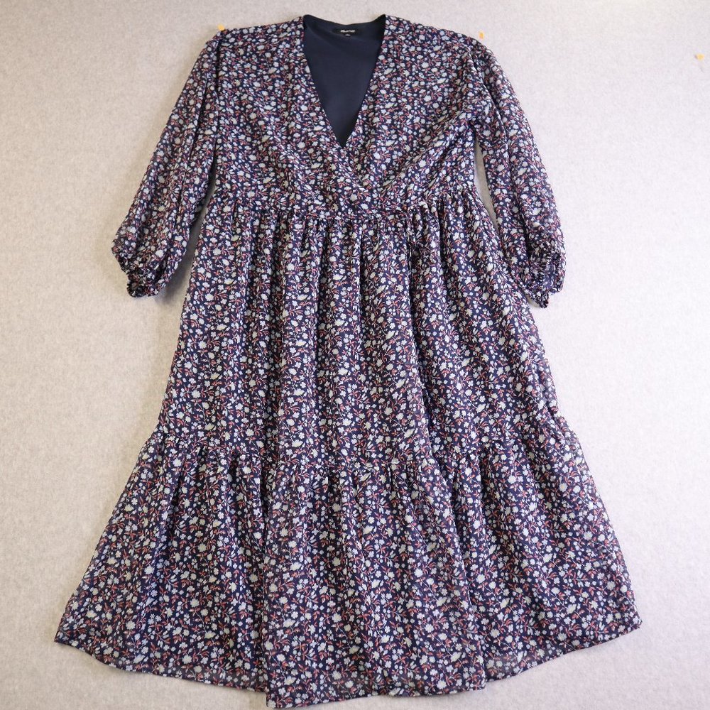 Madewell Dress Medium Blue Floral Tie Waist Midi in Harvest Vine Cottagecore M L